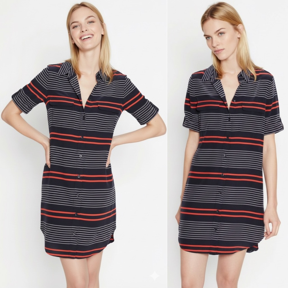 Equipment Slim Signature Mini Striped Silk Shirt Dress in Navy and Red Sz. XS
